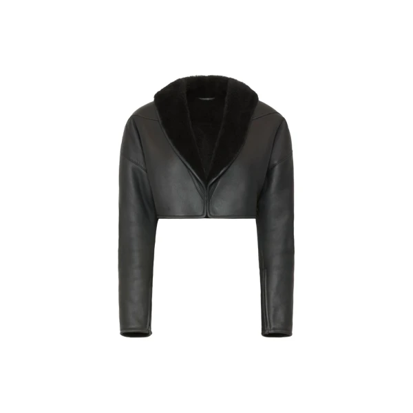 Max Mara Gigante Cropped Sheepskin Jacket in Dark Grey | Shearling Jackets | Coveti