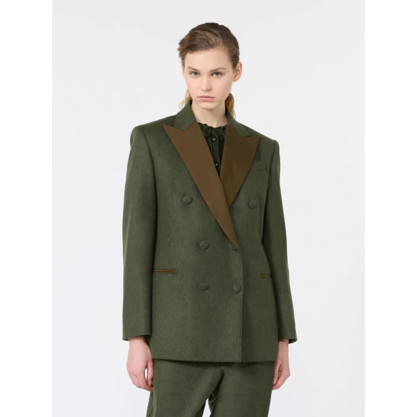 Max Mara Giostra Melange Wool Double-Breasted Blazer in Moss Green | Blazers | Coveti
