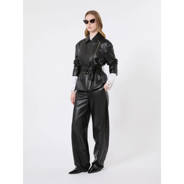 Max Mara Giusto Belted Nappa Leather Biker Jacket in Black | Leather Jackets | Coveti