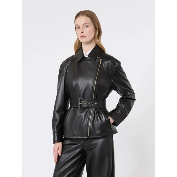 Max Mara Giusto Belted Nappa Leather Biker Jacket in Black | Leather Jackets | Coveti