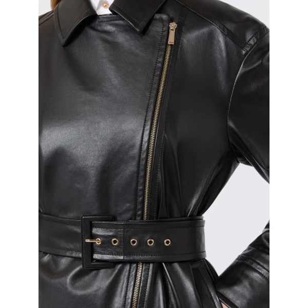 Max Mara Giusto Belted Nappa Leather Biker Jacket in Black | Leather Jackets | Coveti