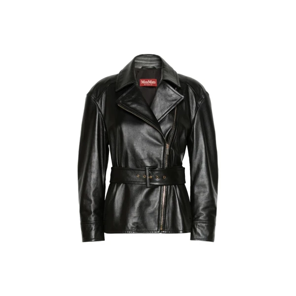 Max Mara Giusto Belted Nappa Leather Biker Jacket in Black | Leather Jackets | Coveti