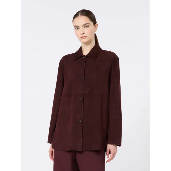 Max Mara Gocce Lambskin Suede Shirt Jacket in Dark Red | Leather Jackets | Coveti