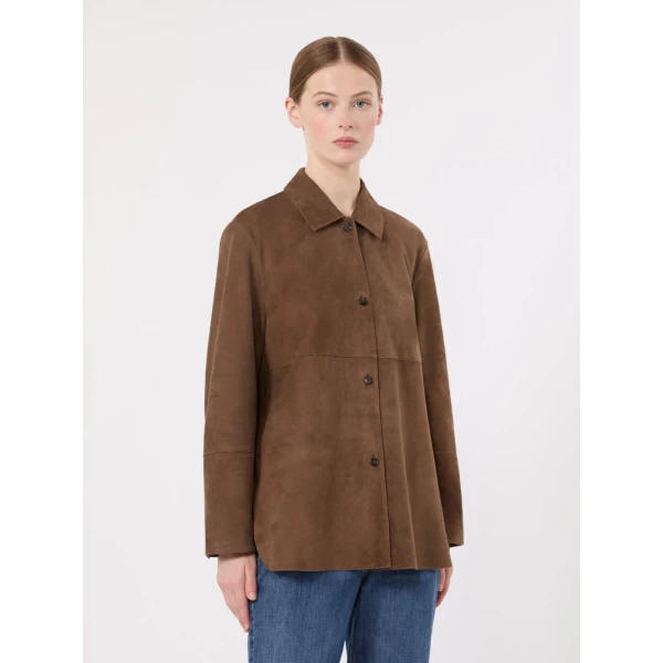 Max Mara Gocce Lambskin Suede Shirt Jacket in Mud | Leather Jackets | Coveti