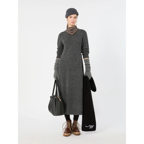 Max Mara Goccia Wool-Blend Tweed Knit Dress in Dark Grey | Midi Dresses | Coveti