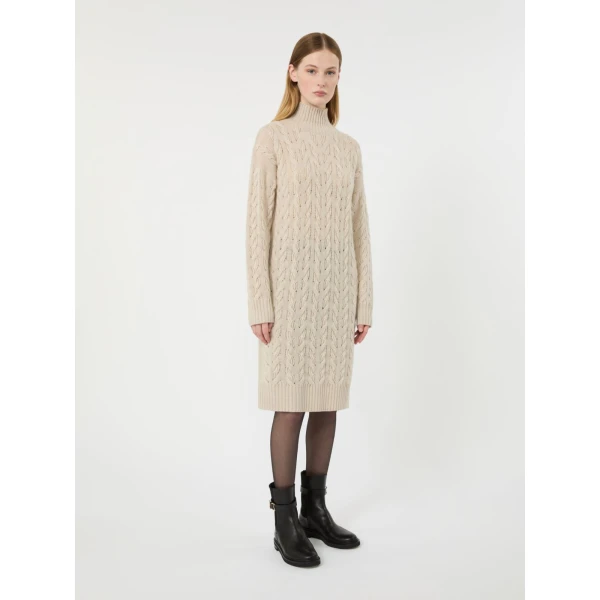 Max Mara Grado Wool and Cashmere Cable-Knit Dress in Beige | Midi Dresses | Coveti
