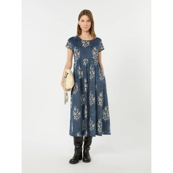 Max Mara Gufo Long Printed Jersey Dress in Navy | Maxi Dresses | Coveti