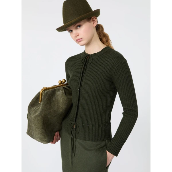 Max Mara Kaki Ribbed Wool Cardigan in Moss Green | Cardigan | Coveti