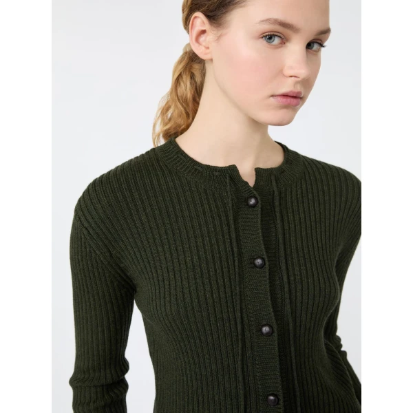 Max Mara Kaki Ribbed Wool Cardigan in Moss Green | Cardigan | Coveti