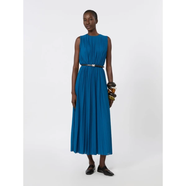 Max Mara Laghi Pleated Jersey Dress in Navy | Midi Dresses | Coveti