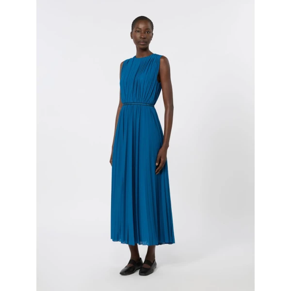 Max Mara Laghi Pleated Jersey Dress in Navy | Midi Dresses | Coveti