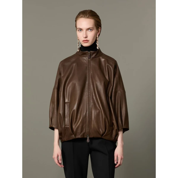 Max Mara Lanoso Lambskin Nappa Leather Blouson in Mud | Leather Jackets | Coveti