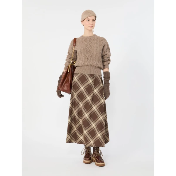 Max Mara Lanoso Tartan Wool Wrap Skirt in Brown | Midi Skirts | Coveti
