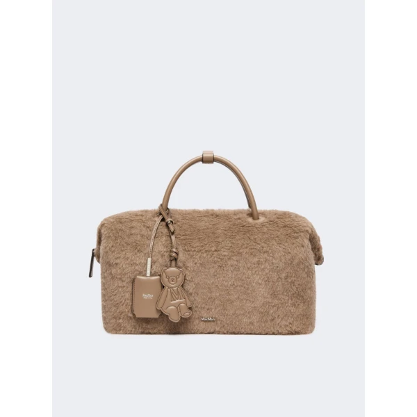 Max Mara Large Alpaca and Cashmere Teddy Boston Bag in Beige Golden | Totes & Top-Handle Bags | Coveti