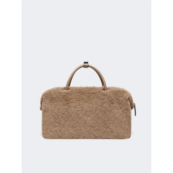 Max Mara Large Alpaca and Cashmere Teddy Boston Bag in Beige Golden | Totes & Top-Handle Bags | Coveti