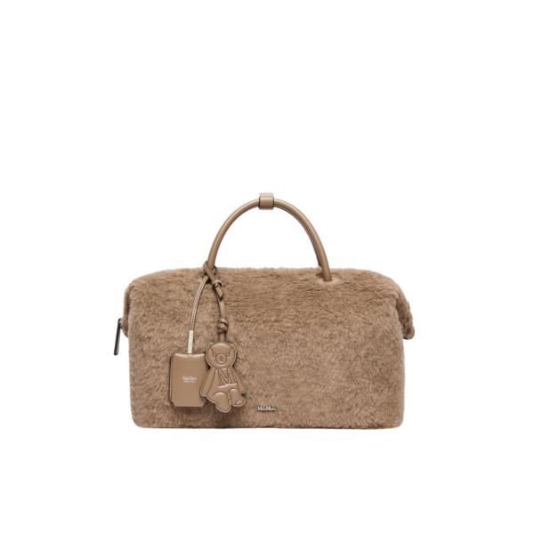 Max Mara Large Alpaca and Cashmere Teddy Boston Bag in Beige Golden | Totes & Top-Handle Bags | Coveti