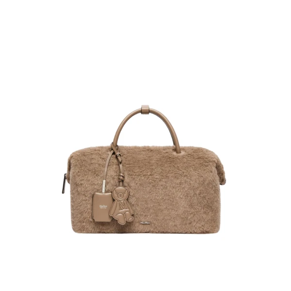 Max Mara Large Alpaca and Cashmere Teddy Boston Bag in Beige Golden | Totes & Top-Handle Bags | Coveti
