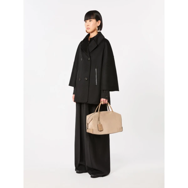 Max Mara Large Nubuck Leather Boston Bag in Mud | Totes & Top-Handle Bags | Coveti