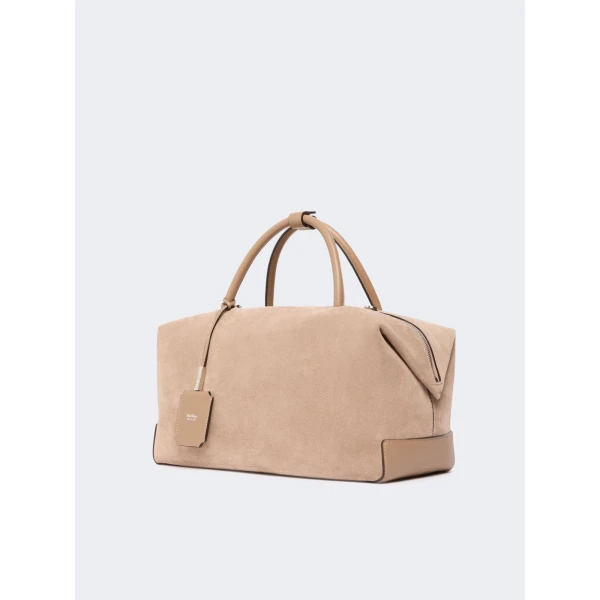 Max Mara Large Nubuck Leather Boston Bag in Mud | Totes & Top-Handle Bags | Coveti