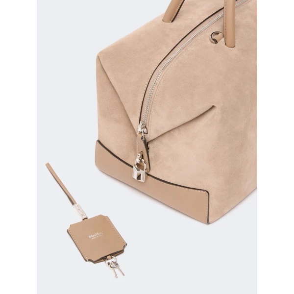 Max Mara Large Nubuck Leather Boston Bag in Mud | Totes & Top-Handle Bags | Coveti