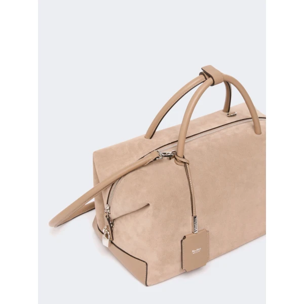 Max Mara Large Nubuck Leather Boston Bag in Mud | Totes & Top-Handle Bags | Coveti