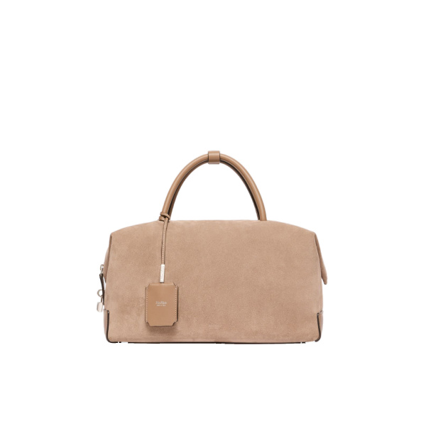 Max Mara Large Nubuck Leather Boston Bag in Mud | Totes & Top-Handle Bags | Coveti