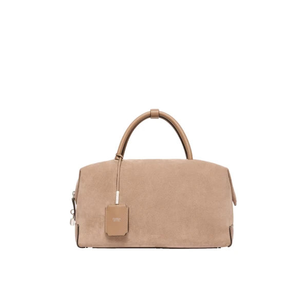 Max Mara Large Nubuck Leather Boston Bag in Mud | Totes & Top-Handle Bags | Coveti