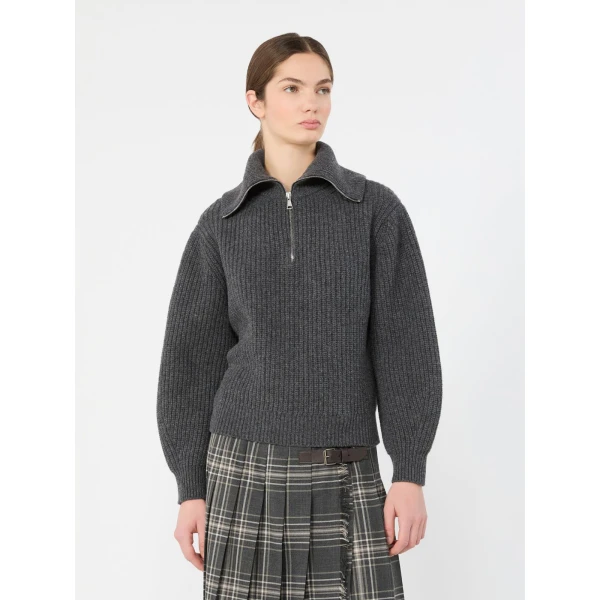 Max Mara Laser Wool Half-Zip Roll-Neck Jumper in Dark Grey | Turtlenecks | Coveti