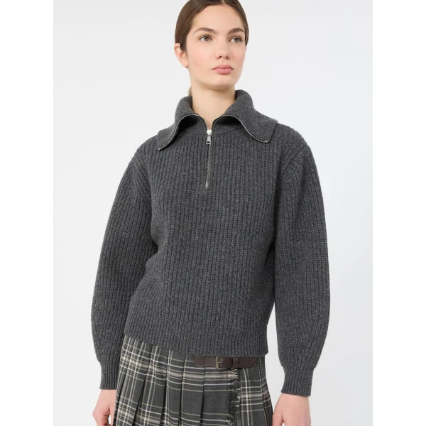 Max Mara Laser Wool Half-Zip Roll-Neck Jumper in Dark Grey | Turtlenecks | Coveti