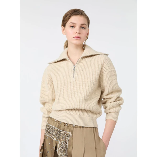 Max Mara Laser Wool Half-Zip Roll-Neck Jumper in Ice Grey | Turtlenecks | Coveti