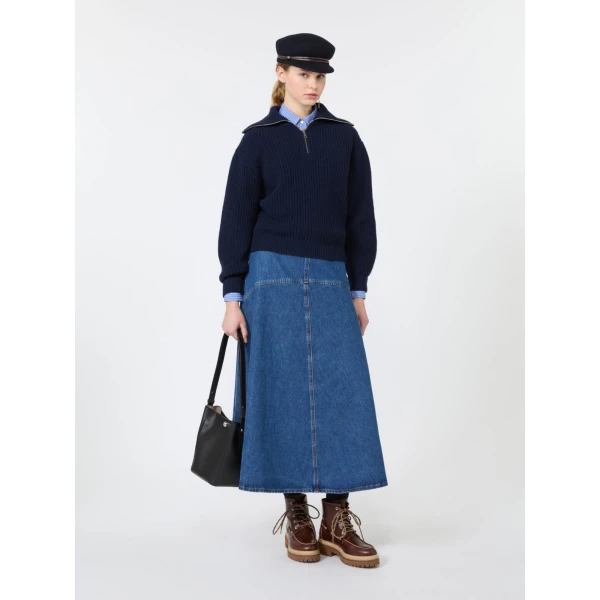 Max Mara Laser Wool Half-Zip Roll-Neck Jumper in Navy | Turtlenecks | Coveti