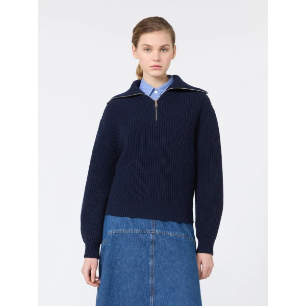 Max Mara Laser Wool Half-Zip Roll-Neck Jumper in Navy | Turtlenecks | Coveti