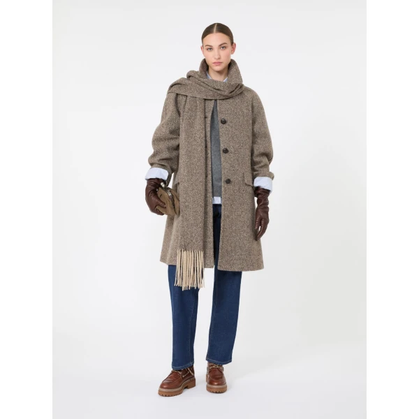 Max Mara Latino Wool-Blend Tweed Coat with Scarf in Brown | Wool Coat | Coveti