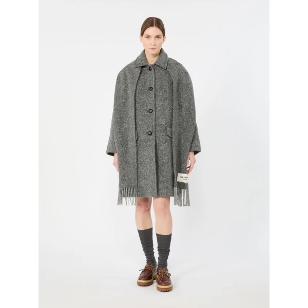 Max Mara Latino Wool-Blend Tweed Coat with Scarf in Dark Grey | Wool Coat | Coveti