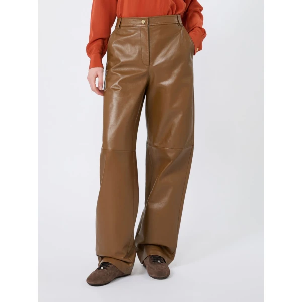 Max Mara Legno Nappa Leather Barrel-Leg Trousers in Caramel | Wide leg pants | Coveti