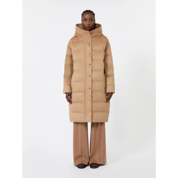 Max Mara Libero Midi Camel Drap Puffer Jacket in Beige | Coats | Coveti