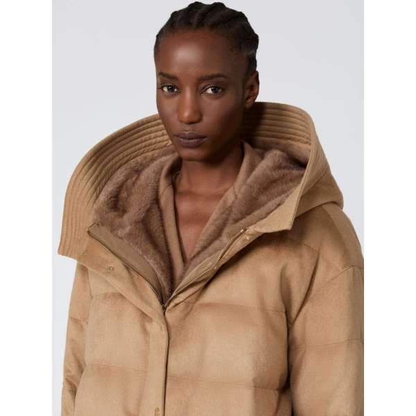 Max Mara Libero Midi Camel Drap Puffer Jacket in Beige | Coats | Coveti