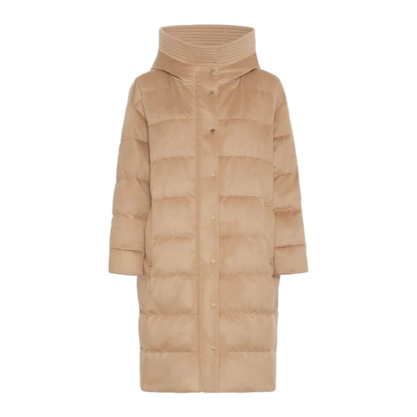 Libero Midi Camel Drap Puffer Jacket in Beige