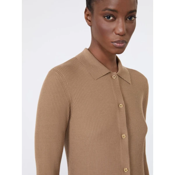 Max Mara Limone Fitted Wool Cardigan in Camel | Cardigan | Coveti