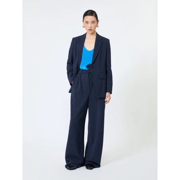 Max Mara Lira Pinstripe Wool Seersucker Trousers in Ultramarine | Tailored pants | Coveti