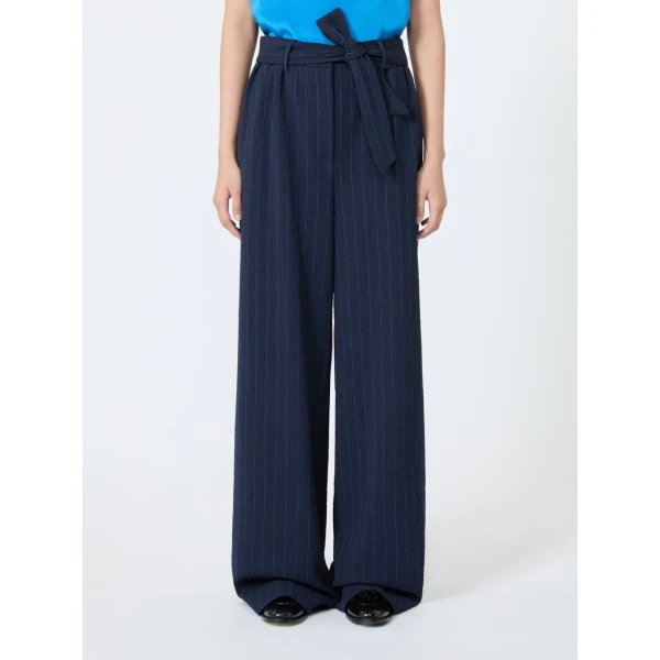 Max Mara Lira Pinstripe Wool Seersucker Trousers in Ultramarine | Tailored pants | Coveti