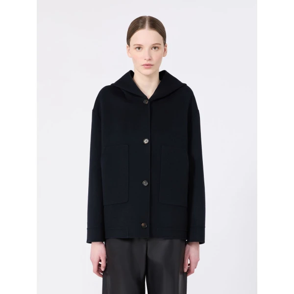 Max Mara Lusso Hooded Wool Coat in Midnight Blue | Wool Coat | Coveti