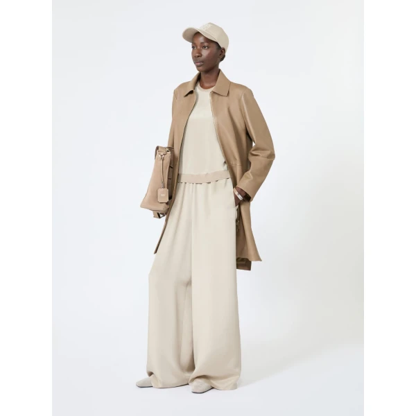 Max Mara Magenta Nappa Leather Overcoat in Stone Grey | Leather Coats | Coveti