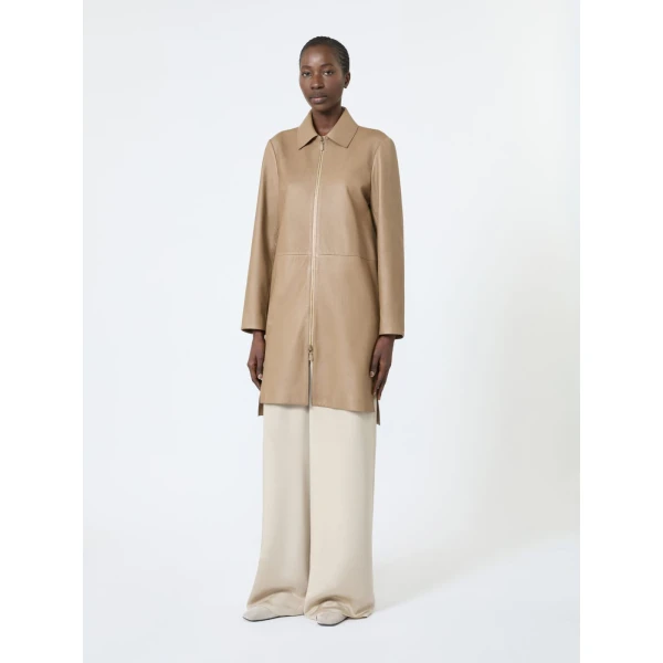 Max Mara Magenta Nappa Leather Overcoat in Stone Grey | Leather Coats | Coveti