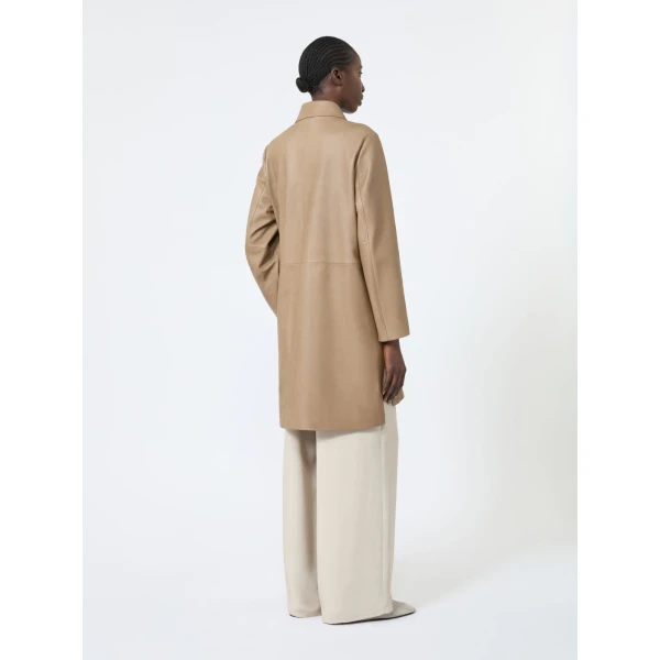 Max Mara Magenta Nappa Leather Overcoat in Stone Grey | Leather Coats | Coveti