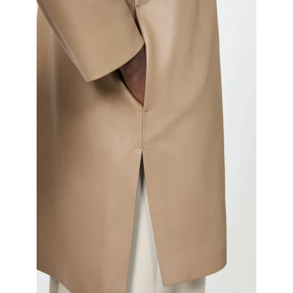 Max Mara Magenta Nappa Leather Overcoat in Stone Grey | Leather Coats | Coveti