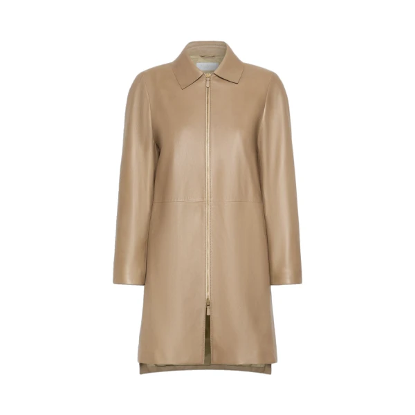Max Mara Magenta Nappa Leather Overcoat in Stone Grey | Women | Coveti