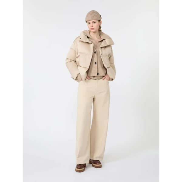 Max Mara Matassa Short Technical Satin Down Jacket in Sand | Jackets | Coveti