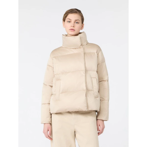Max Mara Matassa Short Technical Satin Down Jacket in Sand | Jackets | Coveti