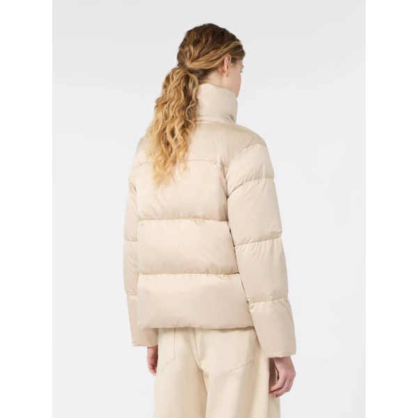 Max Mara Matassa Short Technical Satin Down Jacket in Sand | Jackets | Coveti